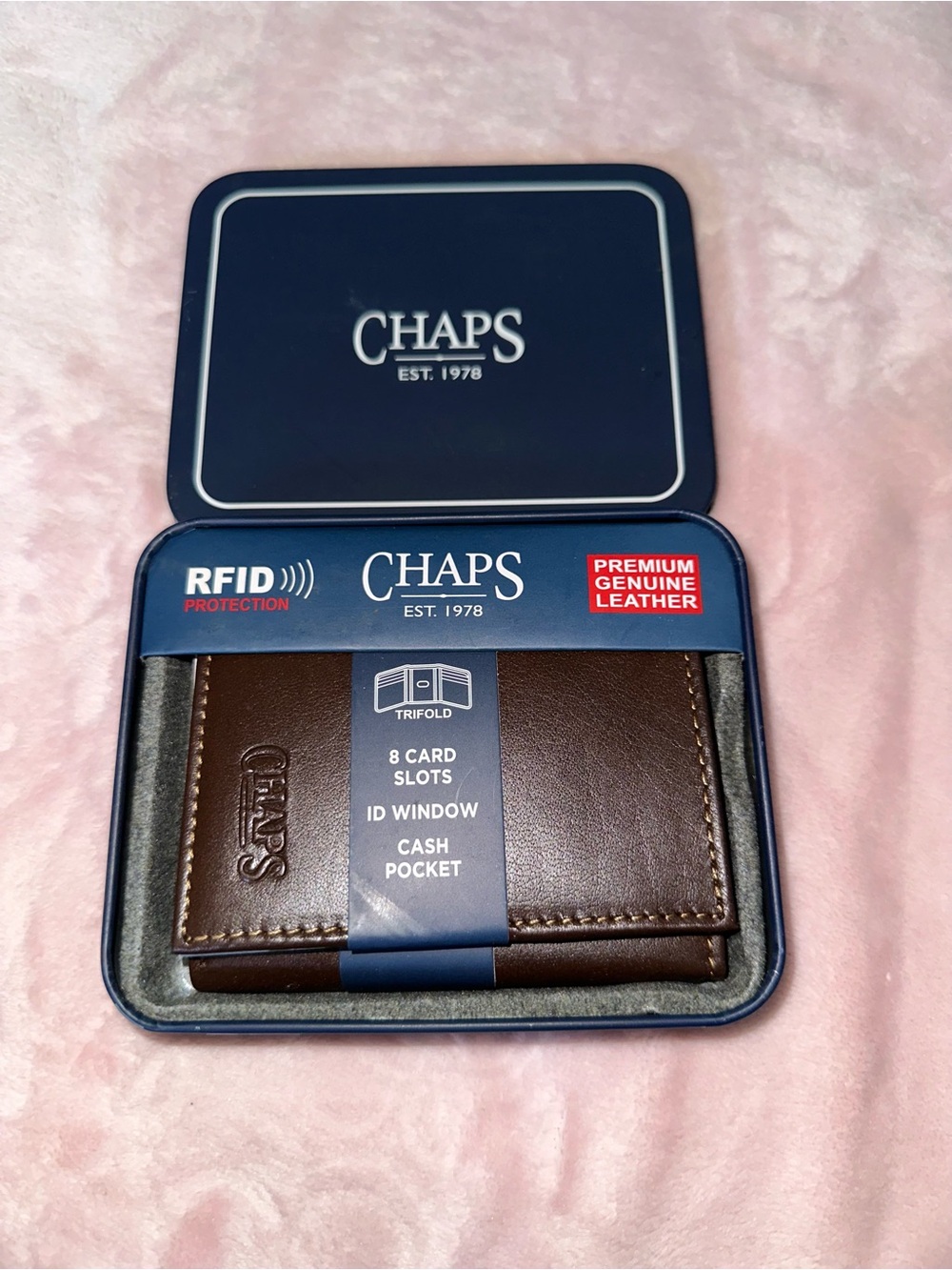 Chaps Brown Trifold Leather Card & Key Wallet with RFID